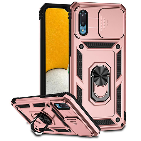 Coque Contour Silicone et Plastique Housse Etui Mat avec Magnetique Support Bague Anneau MQ6 pour Samsung Galaxy A02 Or Rose