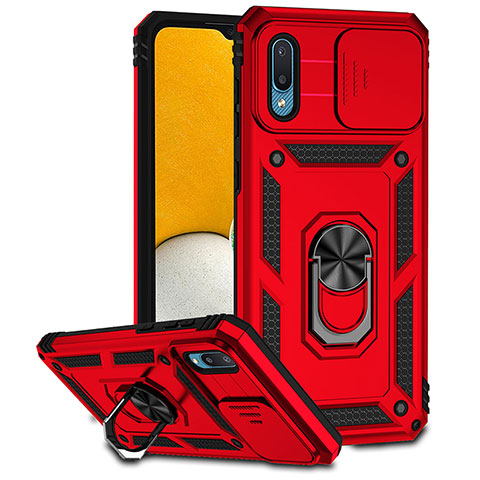 Coque Contour Silicone et Plastique Housse Etui Mat avec Magnetique Support Bague Anneau MQ6 pour Samsung Galaxy M02 Rouge