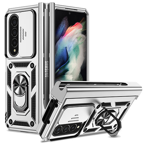 Coque Contour Silicone et Plastique Housse Etui Mat avec Magnetique Support Bague Anneau MQ6 pour Samsung Galaxy Z Fold3 5G Argent