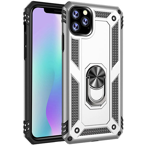 Coque Contour Silicone et Plastique Housse Etui Mat avec Magnetique Support Bague Anneau pour Apple iPhone 11 Pro Max Argent