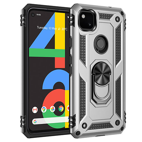 Coque Contour Silicone et Plastique Housse Etui Mat avec Magnetique Support Bague Anneau pour Google Pixel 4a Argent