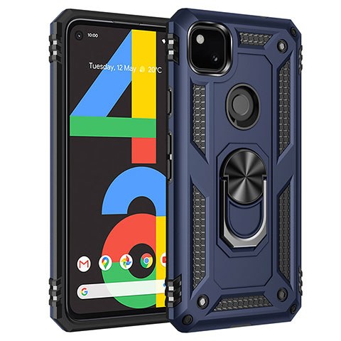 Coque Contour Silicone et Plastique Housse Etui Mat avec Magnetique Support Bague Anneau pour Google Pixel 4a Bleu