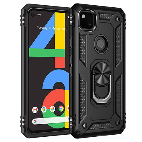 Coque Contour Silicone et Plastique Housse Etui Mat avec Magnetique Support Bague Anneau pour Google Pixel 4a Noir