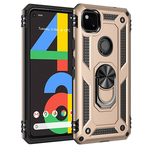 Coque Contour Silicone et Plastique Housse Etui Mat avec Magnetique Support Bague Anneau pour Google Pixel 4a Or