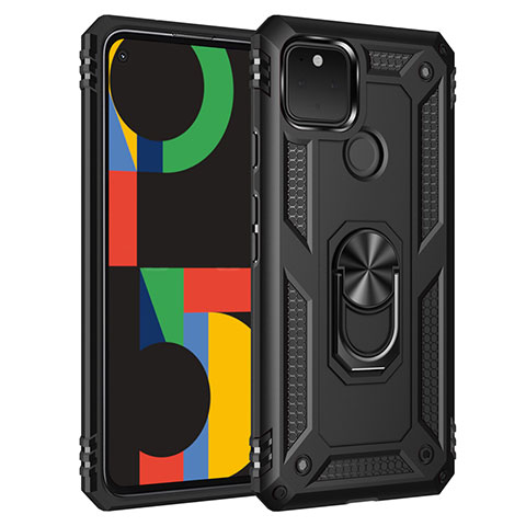 Coque Contour Silicone et Plastique Housse Etui Mat avec Magnetique Support Bague Anneau pour Google Pixel 5 Noir