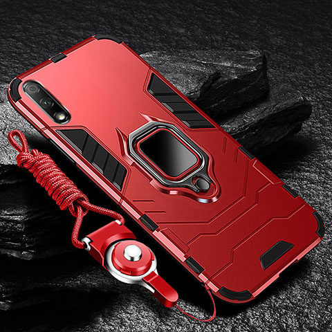 Coque Contour Silicone et Plastique Housse Etui Mat avec Magnetique Support Bague Anneau pour Huawei Enjoy 10 Rouge