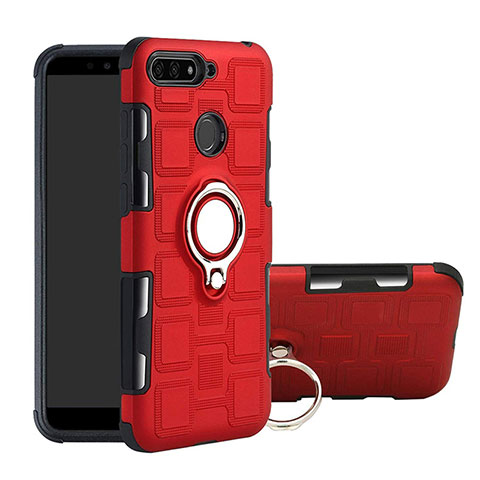 Coque Contour Silicone et Plastique Housse Etui Mat avec Magnetique Support Bague Anneau pour Huawei Enjoy 8e Rouge