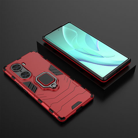 Coque Contour Silicone et Plastique Housse Etui Mat avec Magnetique Support Bague Anneau pour Huawei Honor 60 Pro 5G Rouge