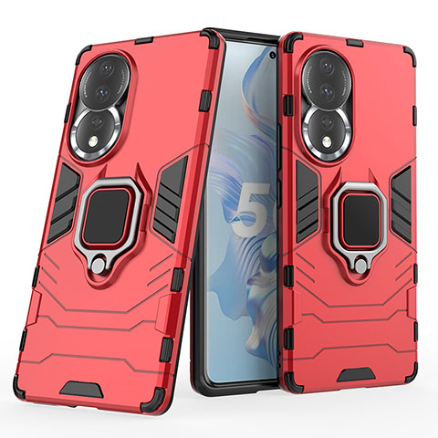 Coque Contour Silicone et Plastique Housse Etui Mat avec Magnetique Support Bague Anneau pour Huawei Honor 80 5G Rouge