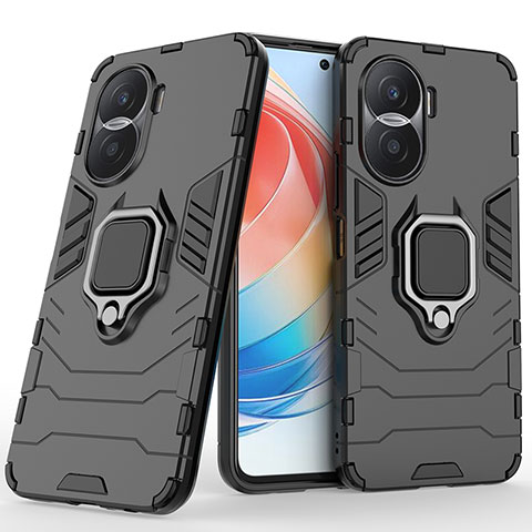 Coque Contour Silicone et Plastique Housse Etui Mat avec Magnetique Support Bague Anneau pour Huawei Honor X40i 5G Noir