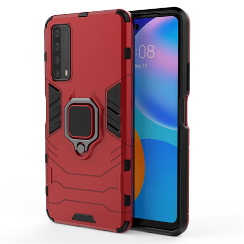 Coque Contour Silicone et Plastique Housse Etui Mat avec Magnetique Support Bague Anneau pour Huawei P Smart (2021) Rouge