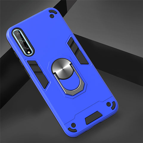 Coque Contour Silicone et Plastique Housse Etui Mat avec Magnetique Support Bague Anneau pour Huawei P smart S Bleu