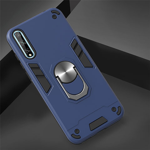 Coque Contour Silicone et Plastique Housse Etui Mat avec Magnetique Support Bague Anneau pour Huawei P smart S Bleu Ciel