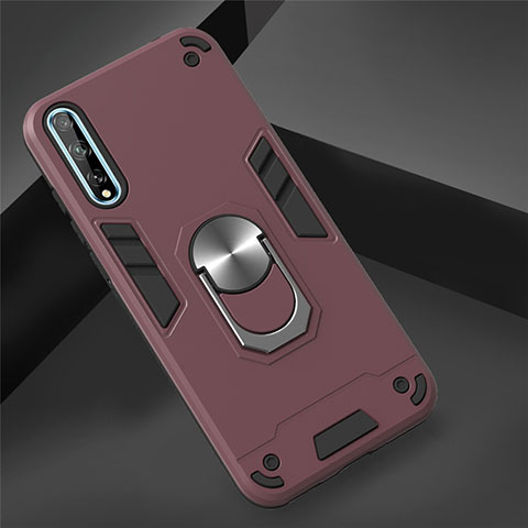 Coque Contour Silicone et Plastique Housse Etui Mat avec Magnetique Support Bague Anneau pour Huawei P smart S Vin Rouge