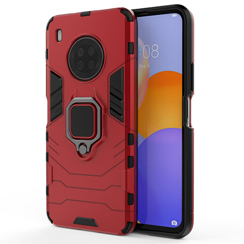 Coque Contour Silicone et Plastique Housse Etui Mat avec Magnetique Support Bague Anneau pour Huawei Y9a Rouge