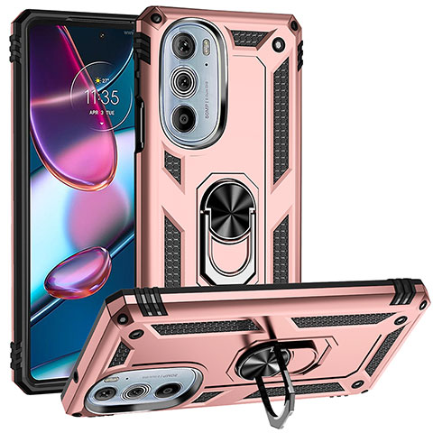 Coque Contour Silicone et Plastique Housse Etui Mat avec Magnetique Support Bague Anneau pour Motorola Moto Edge 30 Pro 5G Or Rose