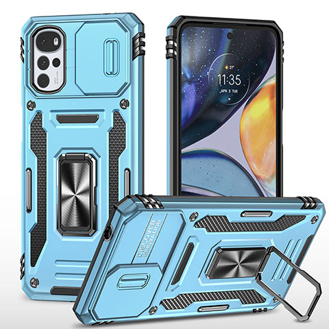 Coque Contour Silicone et Plastique Housse Etui Mat avec Magnetique Support Bague Anneau pour Motorola Moto G22 Bleu Ciel