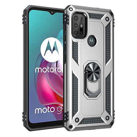 Coque Contour Silicone et Plastique Housse Etui Mat avec Magnetique Support Bague Anneau pour Motorola Moto G30 Argent