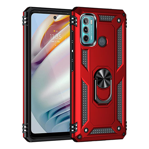 Coque Contour Silicone et Plastique Housse Etui Mat avec Magnetique Support Bague Anneau pour Motorola Moto G60 Rouge