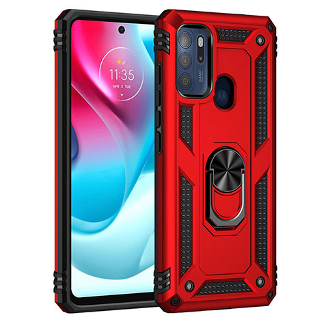 Coque Contour Silicone et Plastique Housse Etui Mat avec Magnetique Support Bague Anneau pour Motorola Moto G60s Rouge