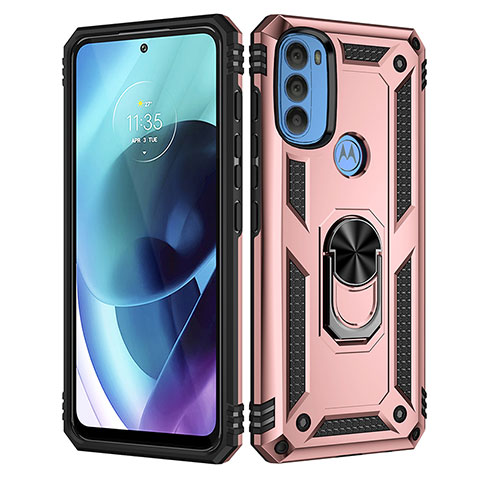 Coque Contour Silicone et Plastique Housse Etui Mat avec Magnetique Support Bague Anneau pour Motorola Moto G71 5G Or Rose