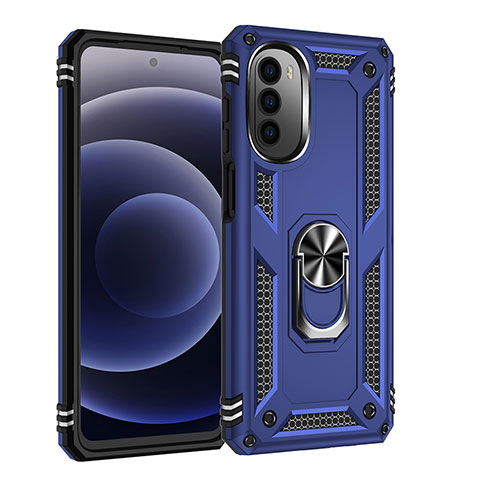 Coque Contour Silicone et Plastique Housse Etui Mat avec Magnetique Support Bague Anneau pour Motorola Moto G71s 5G Bleu