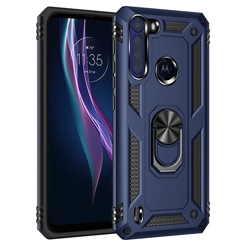 Coque Contour Silicone et Plastique Housse Etui Mat avec Magnetique Support Bague Anneau pour Motorola Moto One Fusion Bleu