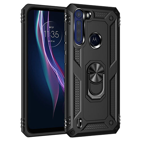 Coque Contour Silicone et Plastique Housse Etui Mat avec Magnetique Support Bague Anneau pour Motorola Moto One Fusion Noir