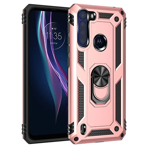 Coque Contour Silicone et Plastique Housse Etui Mat avec Magnetique Support Bague Anneau pour Motorola Moto One Fusion Or Rose