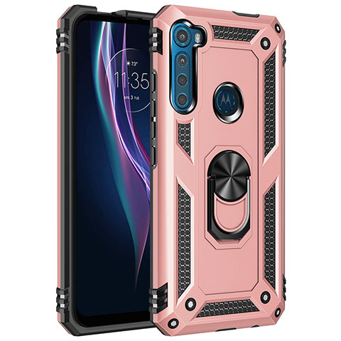 Coque Contour Silicone et Plastique Housse Etui Mat avec Magnetique Support Bague Anneau pour Motorola Moto One Fusion Plus Or Rose