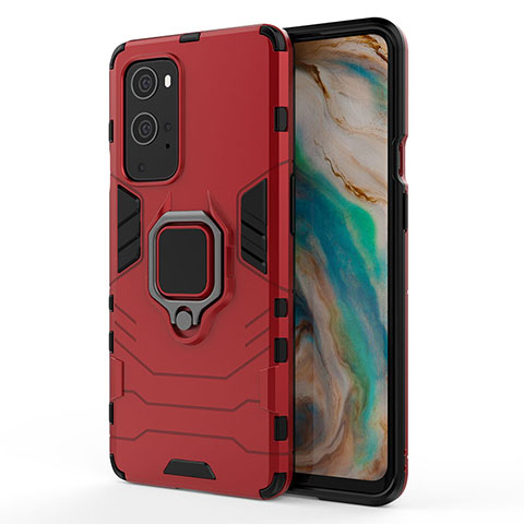 Coque Contour Silicone et Plastique Housse Etui Mat avec Magnetique Support Bague Anneau pour OnePlus 9 Pro 5G Rouge