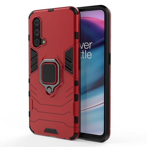 Coque Contour Silicone et Plastique Housse Etui Mat avec Magnetique Support Bague Anneau pour OnePlus Nord CE 5G Rouge