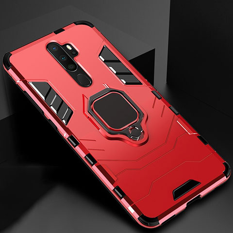 Coque Contour Silicone et Plastique Housse Etui Mat avec Magnetique Support Bague Anneau pour Oppo A11 Rouge