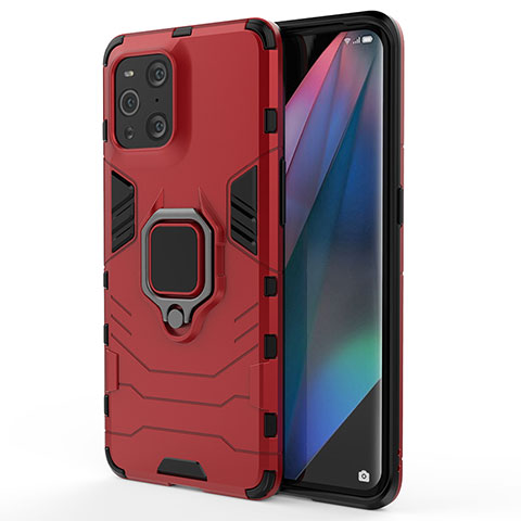 Coque Contour Silicone et Plastique Housse Etui Mat avec Magnetique Support Bague Anneau pour Oppo Find X3 Pro 5G Rouge