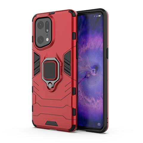 Coque Contour Silicone et Plastique Housse Etui Mat avec Magnetique Support Bague Anneau pour Oppo Find X5 Pro 5G Rouge