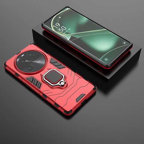 Coque Contour Silicone et Plastique Housse Etui Mat avec Magnetique Support Bague Anneau pour Oppo Find X6 Pro 5G Rouge