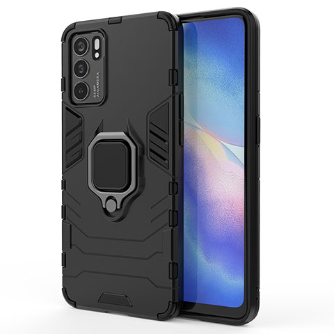 Coque Contour Silicone et Plastique Housse Etui Mat avec Magnetique Support Bague Anneau pour Oppo Reno6 5G Noir