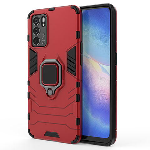 Coque Contour Silicone et Plastique Housse Etui Mat avec Magnetique Support Bague Anneau pour Oppo Reno6 5G Rouge