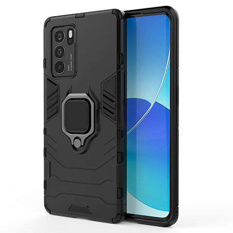 Coque Contour Silicone et Plastique Housse Etui Mat avec Magnetique Support Bague Anneau pour Oppo Reno6 Pro 5G India Noir