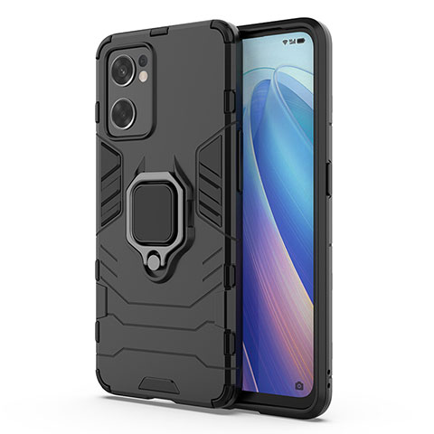 Coque Contour Silicone et Plastique Housse Etui Mat avec Magnetique Support Bague Anneau pour Oppo Reno7 SE 5G Noir