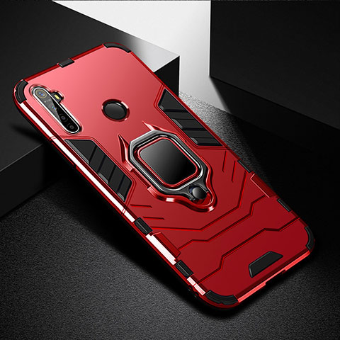 Coque Contour Silicone et Plastique Housse Etui Mat avec Magnetique Support Bague Anneau pour Realme 5 Pro Rouge