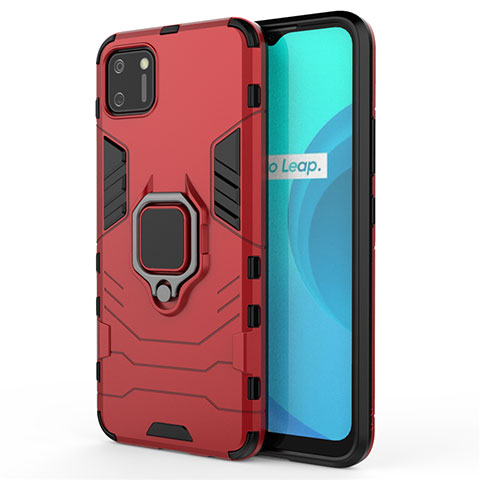 Coque Contour Silicone et Plastique Housse Etui Mat avec Magnetique Support Bague Anneau pour Realme C11 Rouge