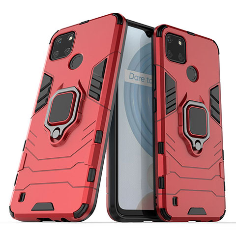 Coque Contour Silicone et Plastique Housse Etui Mat avec Magnetique Support Bague Anneau pour Realme C21Y Rouge