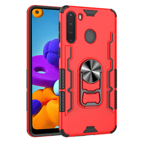 Coque Contour Silicone et Plastique Housse Etui Mat avec Magnetique Support Bague Anneau pour Samsung Galaxy A21 Rouge