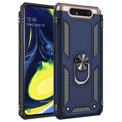 Coque Contour Silicone et Plastique Housse Etui Mat avec Magnetique Support Bague Anneau pour Samsung Galaxy A80 Bleu