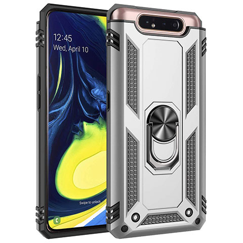 Coque Contour Silicone et Plastique Housse Etui Mat avec Magnetique Support Bague Anneau pour Samsung Galaxy A90 4G Argent