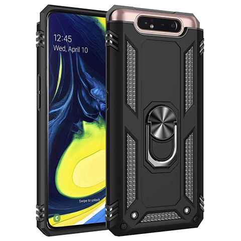 Coque Contour Silicone et Plastique Housse Etui Mat avec Magnetique Support Bague Anneau pour Samsung Galaxy A90 4G Noir