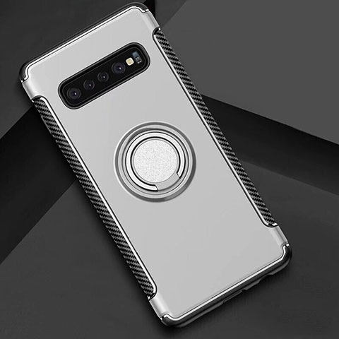 Coque Contour Silicone et Plastique Housse Etui Mat avec Magnetique Support Bague Anneau pour Samsung Galaxy S10 5G Argent