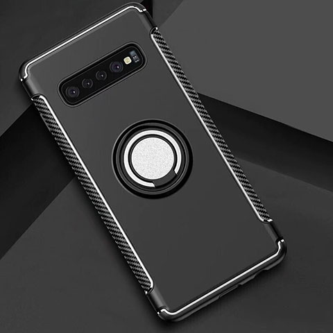 Coque Contour Silicone et Plastique Housse Etui Mat avec Magnetique Support Bague Anneau pour Samsung Galaxy S10 Noir