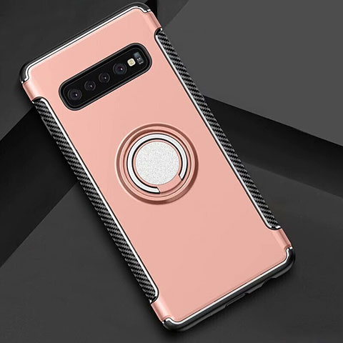 Coque Contour Silicone et Plastique Housse Etui Mat avec Magnetique Support Bague Anneau pour Samsung Galaxy S10 Or Rose